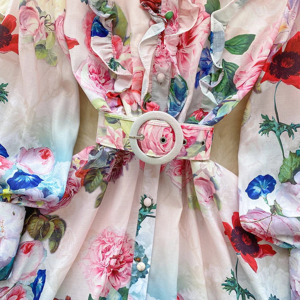 Mini Dresses For Women Frill Trim Long Sleeve Spring Vacation Dress Stand Collar Elegant Vintage Floral Print Dress With Belt