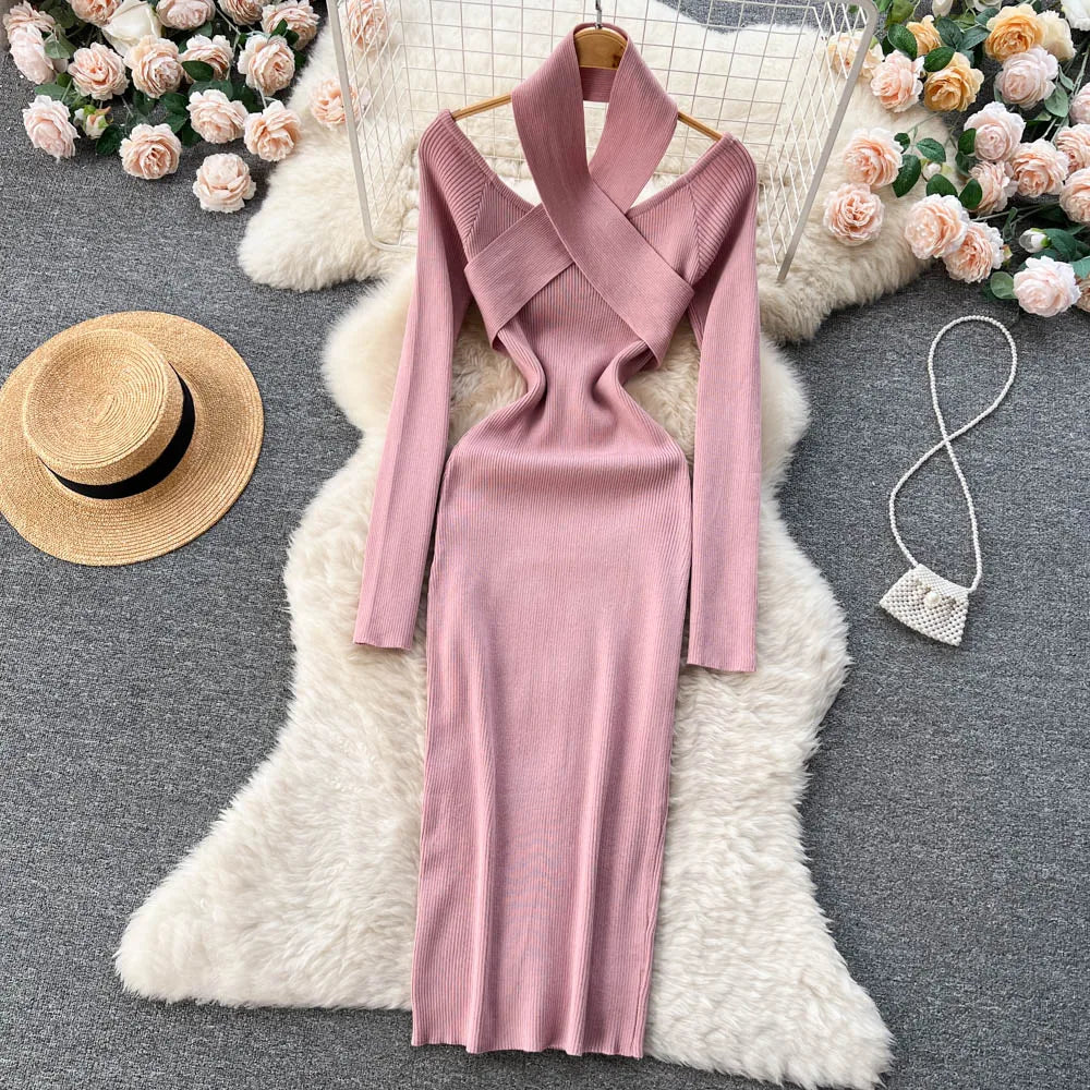 Chic Sexy Criss-cross Halter Elegant Pencil Dress Fashion Slim Knit Long Sleeve Birthday Party Vestidos Women Autumn Winter Robe