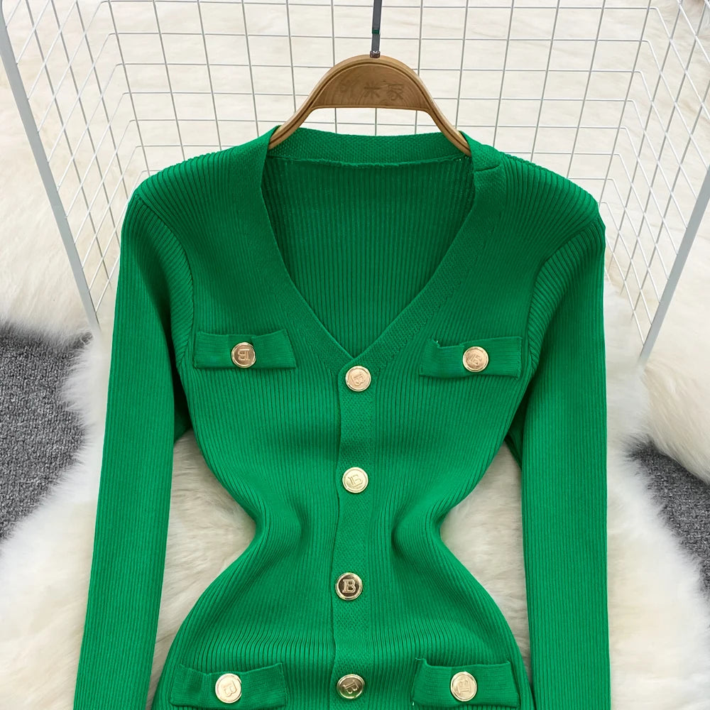 Sexy Split V-neck Long Sleeve Bodycon Dress Chic Elegant Evening Party French Fashion Knit Vestidos Women Autumn Pencil Dress