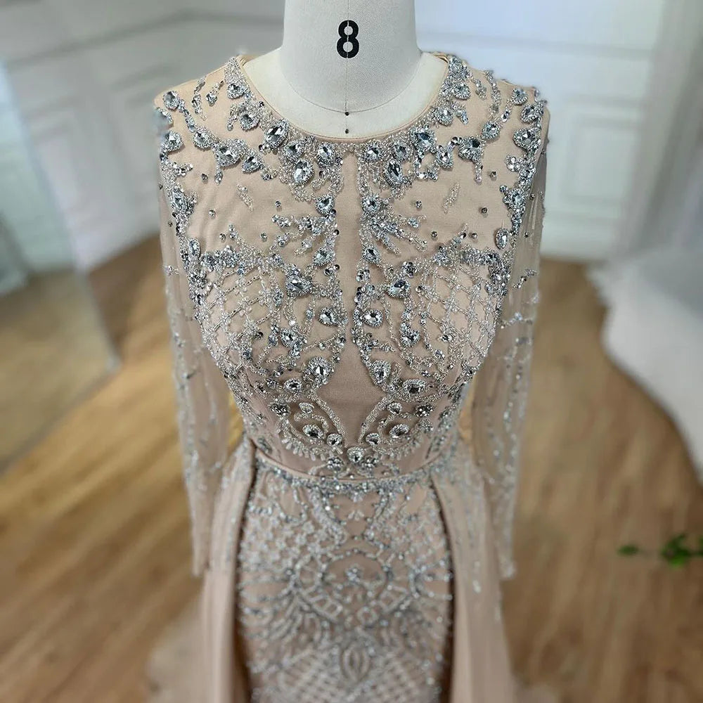 Serene Hill Muslim Silver Nude Mermaid Gown with Detachable Overskirt Beaded Evening Dress for Women Wedding Party 2024 LA71919