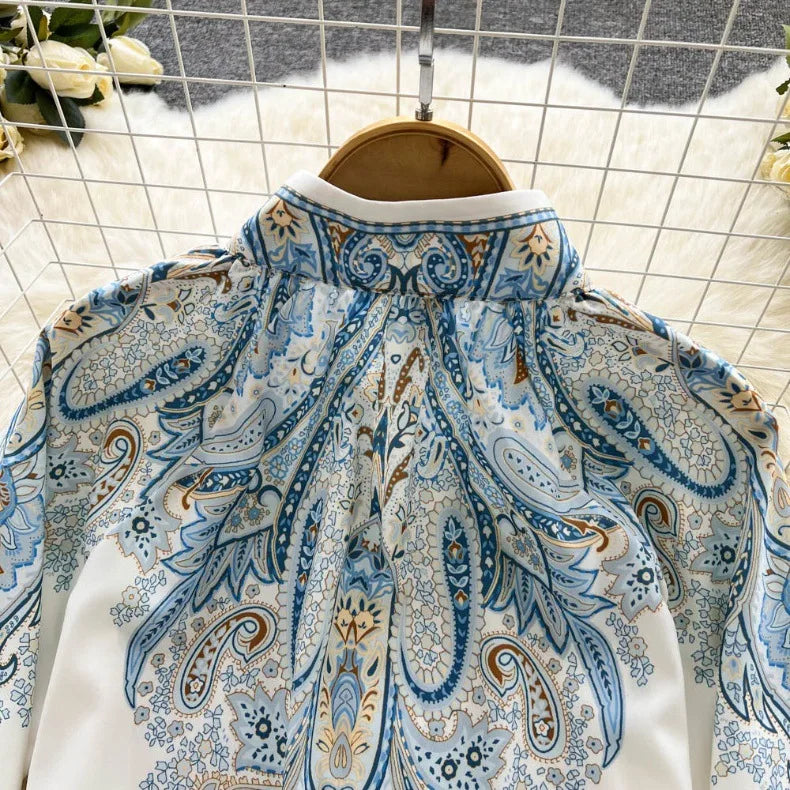 Spring Summer Retro Print Two Piece Set Women Lantern Sleeves Standing Neck Blouse Top+High Waist Wide Leg Shorts Elegant Suits