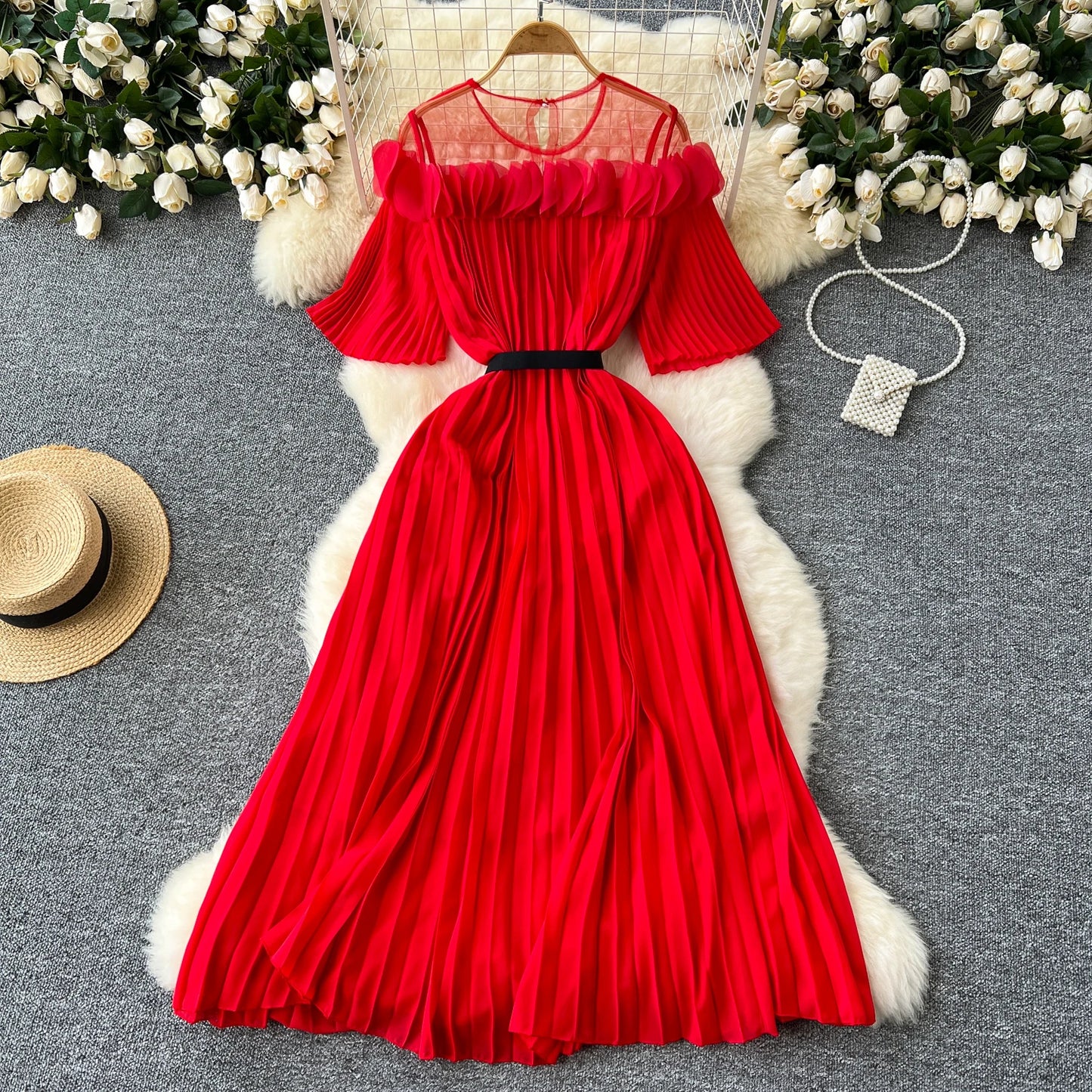 French mesh PATCHWORK Three-dimensional flower Sweet Dress Women Summer Waist Cinching pleated chiffon Dresses