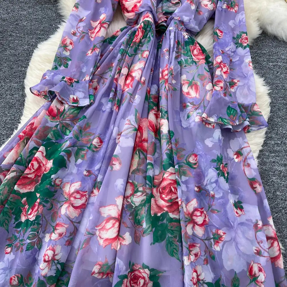 Women Elegant Floral Print Dress for Women Vintage V-Neck Long Sleeves Chiffon Slim A-Line Vestidos Mujer Autumn Female Clothes