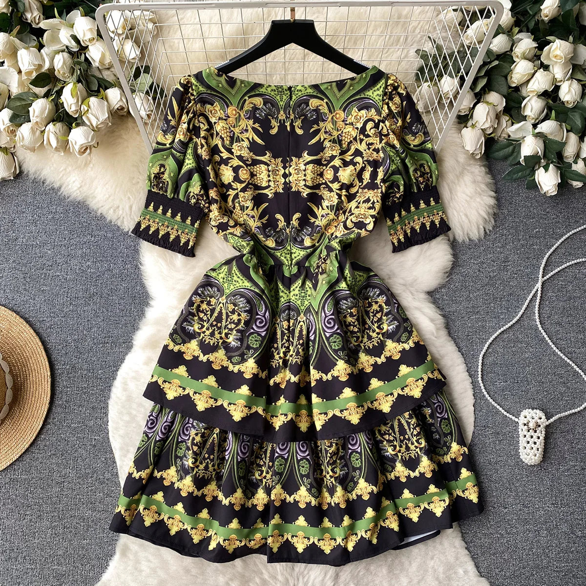 Elegant Party Dresses For Women 2023 Fashion Clothes Vintage Print Mini Dress Square Neck Short Sleeve Tiered Hem Summer Dress