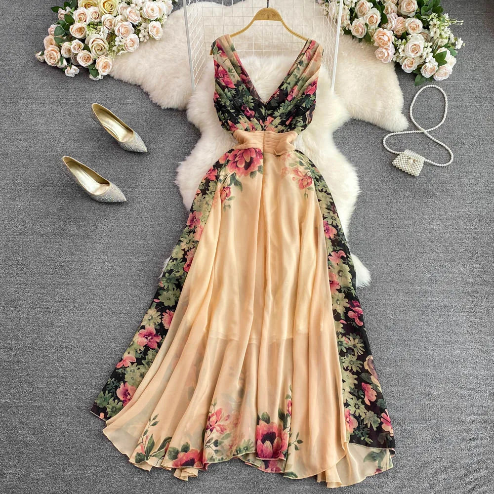 Elegant Evening Party Dress Women Sexy V-neck Floral Printed A-line Long Dresses Ladies Sleeveless Slim A-line Chiffon Long Robe