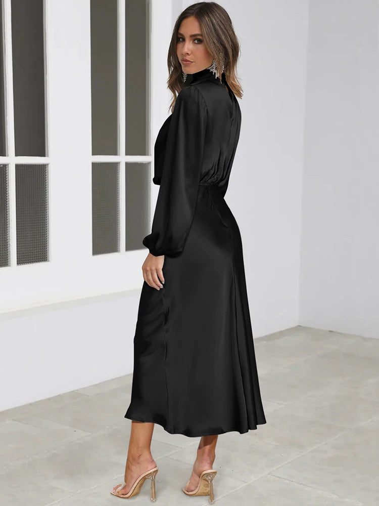 Spring Summer New High-End Satin Long Sleeved Dress Women's Ladylike Elegant Evening Dress Party Clothes Celebrity Dresses