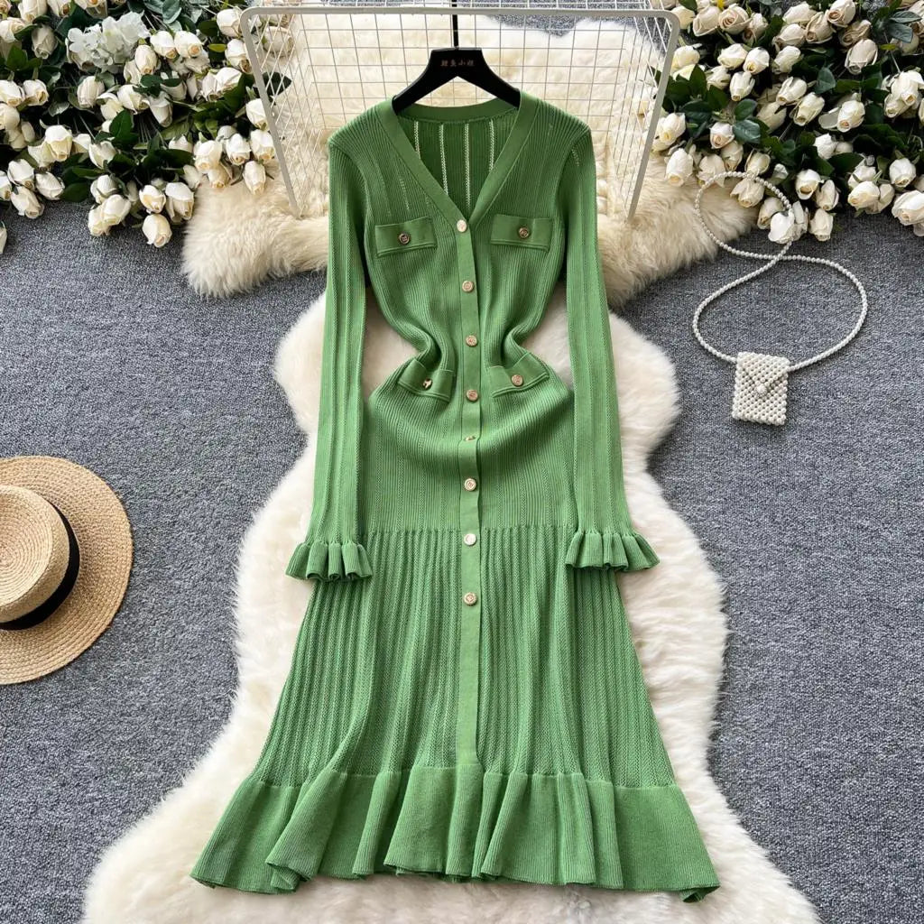 Elegant Women Solid Knitted Dresses Autumn V-Neck Single Breasted Chic Flared Sleeve Ruffles Hem Casual Female Slim Office Robes