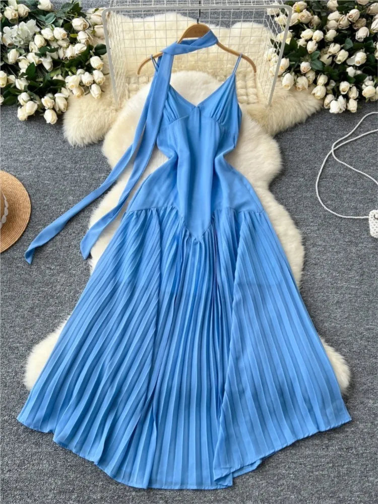 Summer Elegant Casual Women Solid Dress Halter A-Line Beach Holiday Party Long Robe Female Spaghetti Strap Boho Clothes Vestidos