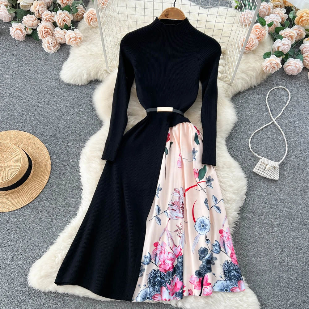 Elegant Chic Print Patchwork Knit Dress French Long Sleeve Party A-line Vestidos High Waist Basic Slim Women Autumn Winter Dress