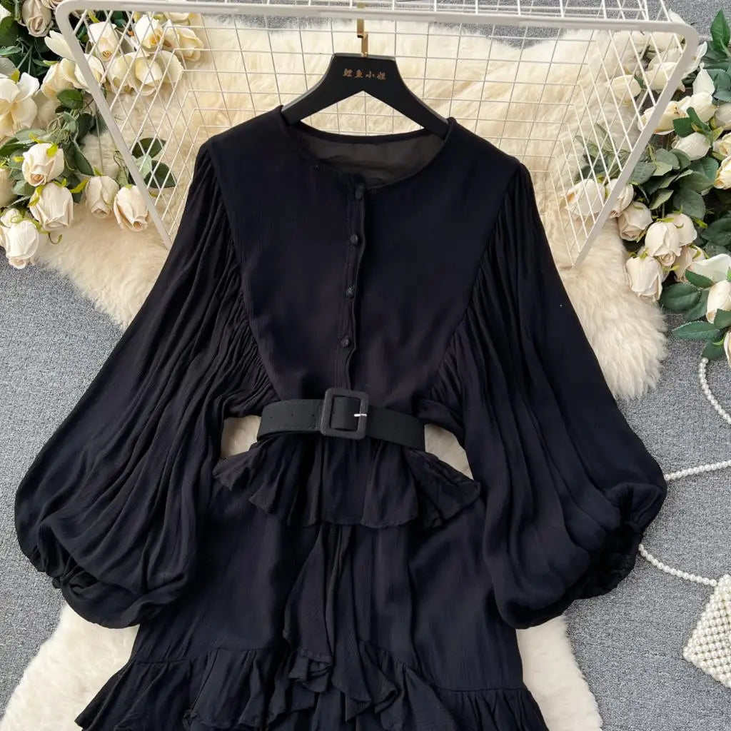 Vintage Puff Sleeve Ruffle Dress Women O-Neck A-Line Elegant Casual Party Prom Dresses Korean Autumn Fashion Female Vestidos New
