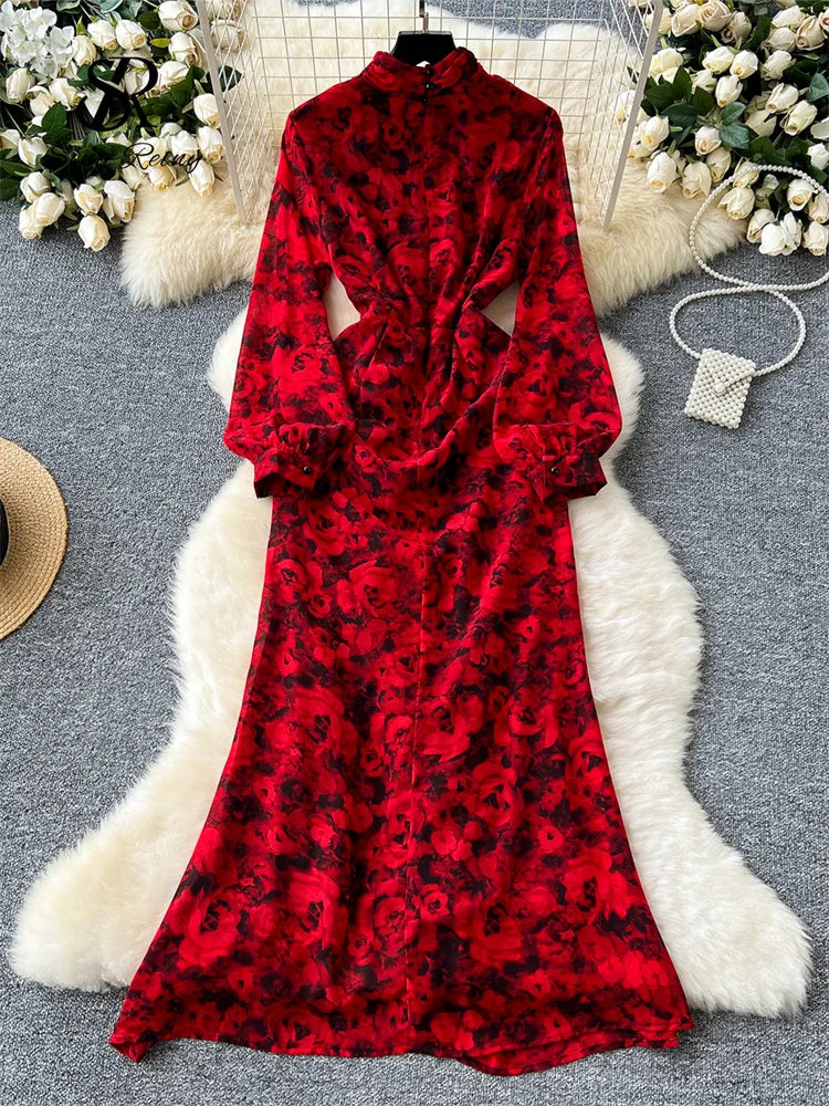 SINGREINY High Quality Autumn Long Dress Women 3D Floral Ruched Long Sleeves Streetwear 2024 Chiffon Print Split Party Dress
