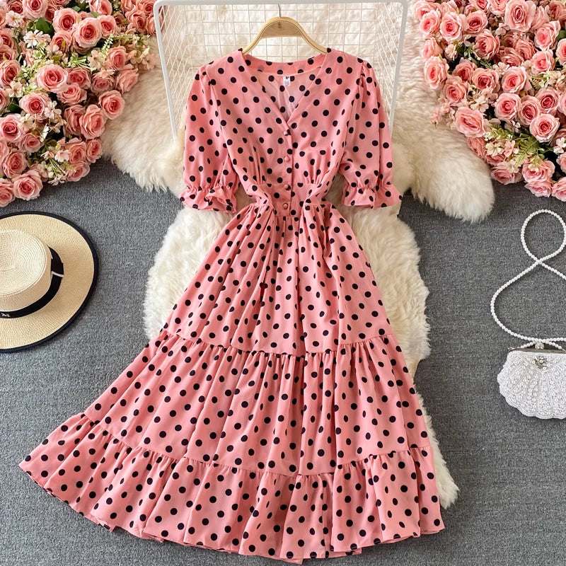 New Summer Women's Fashion Vintage Polka Dot Midi Dress Elegant and Chic A-Line Party Casual White Black Vestidos Female Robe