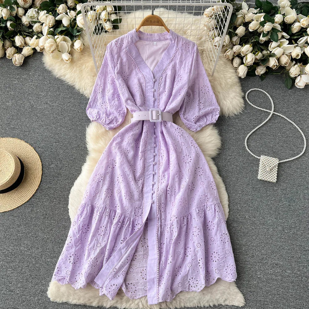 Summer V-neck Hollow Out Dress Women Bubble Sleeves Loose Embroidered Ruffle Edge Long Dresses Ladies Elegant Casual Long Robe
