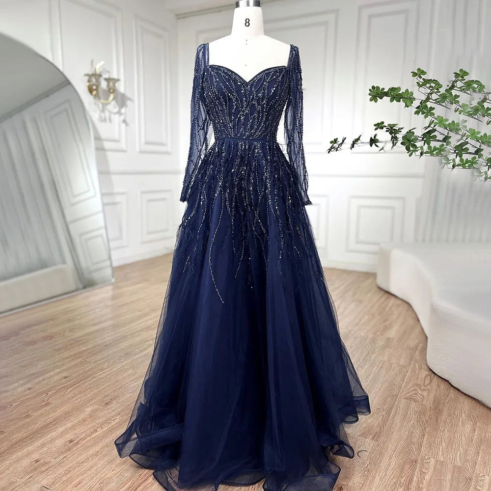 Serene Hill Arabic Red Elegant A Line For Women Long Sleeves Evening Dress Luxury Beaded Handmade Feathers 2024 LA71468