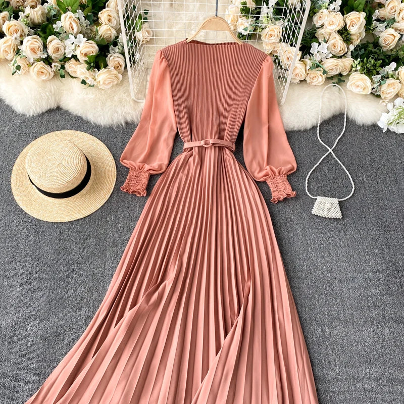 Chic Pleated Elegant Puff Sleeve Dress A-line Chiffon High Waist Belt Beach Vacation Party Dress Women Summer Spring Vestidos