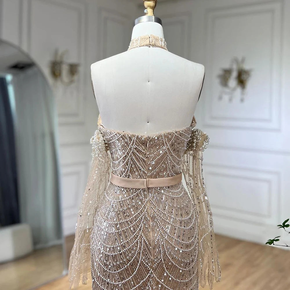 SERENE HILL Dubai Arabic Nude Mermaid With Gloves Luxury Beaded Evening Dresses Gowns 2024 For Women Wedding Party GLA72032A