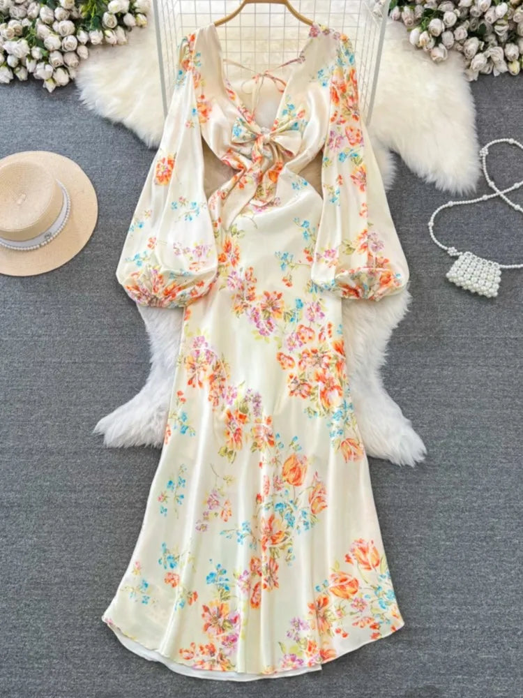 Sexy Bodycon Satin Floral Long Dresses for Women Lantern Sleeve V-Neck Slim Mermaid Evening Party Dress Prom Robe New Vestidos