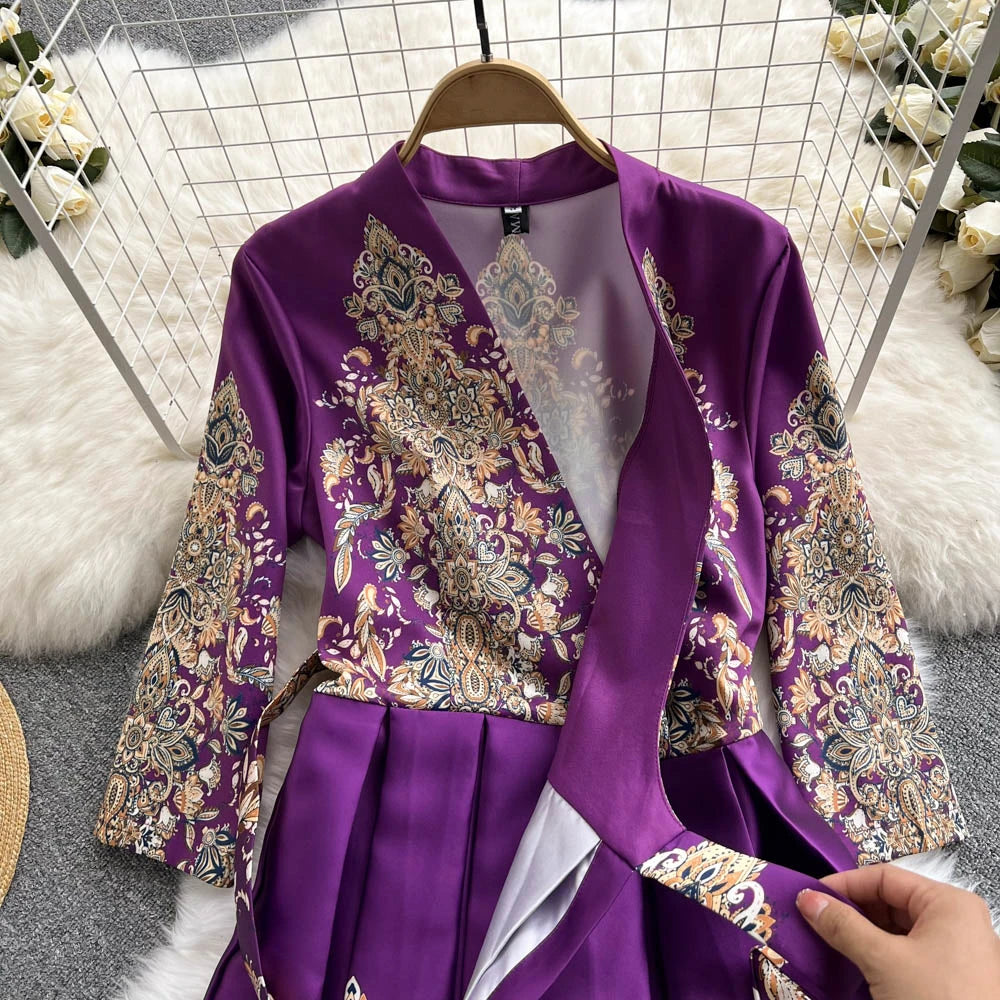 Pinkou Women Elegant Print Maxi Dress Cross V Neck Bow Tie Sashes Three Quarter Sleeve Female Chic Wrap Dresses Vestido QA815