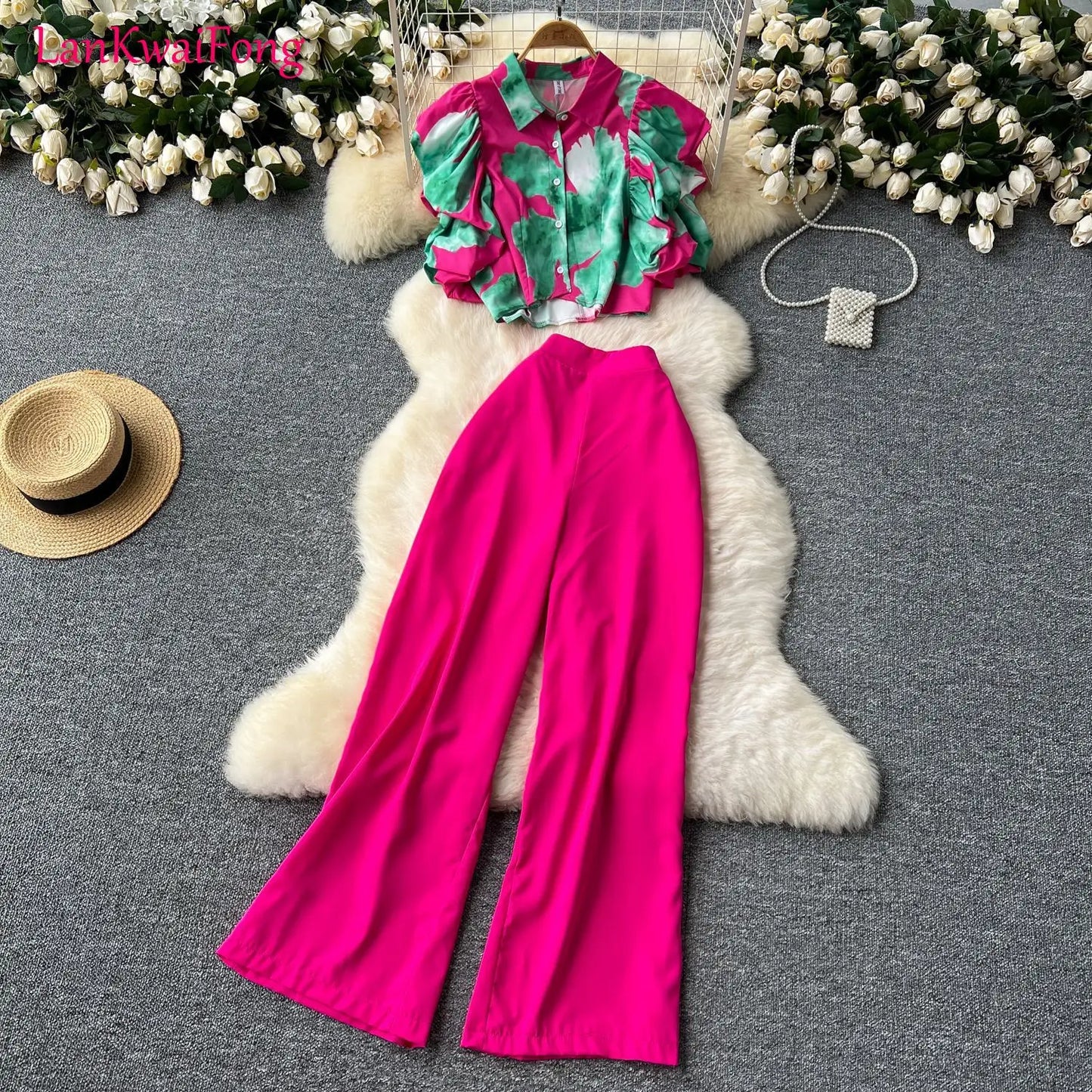 LKF Elegant Fashion Vacation Women's Set Short Lotus Leaf Sleeve Printed Button Up Shirt+High Waist Wide Leg Pants Two Piece Set