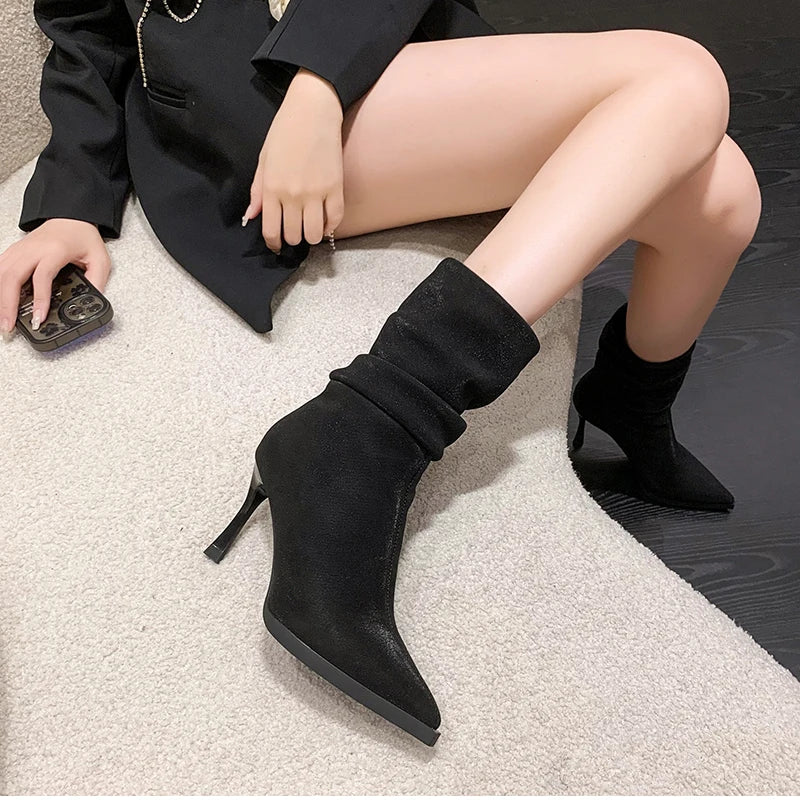 High Heel Women Pleated Ankle Boots Fashion Pointed Toe Slip On Shoes Dancing Party Dress Short Botas De Mujer