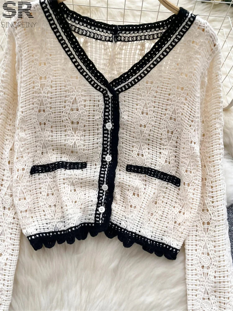 SINGREINY Autumn Color Block Knitting Cardigan Women V Neck Long Sleeve Single Breasted Design Hook Flower Hollow Basics Coat