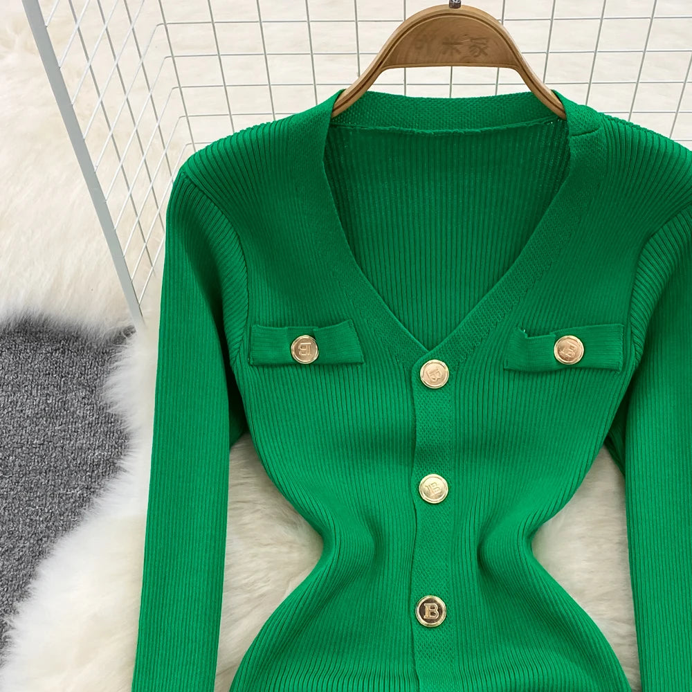 Sexy Split V-neck Long Sleeve Bodycon Dress Chic Elegant Evening Party French Fashion Knit Vestidos Women Autumn Pencil Dress