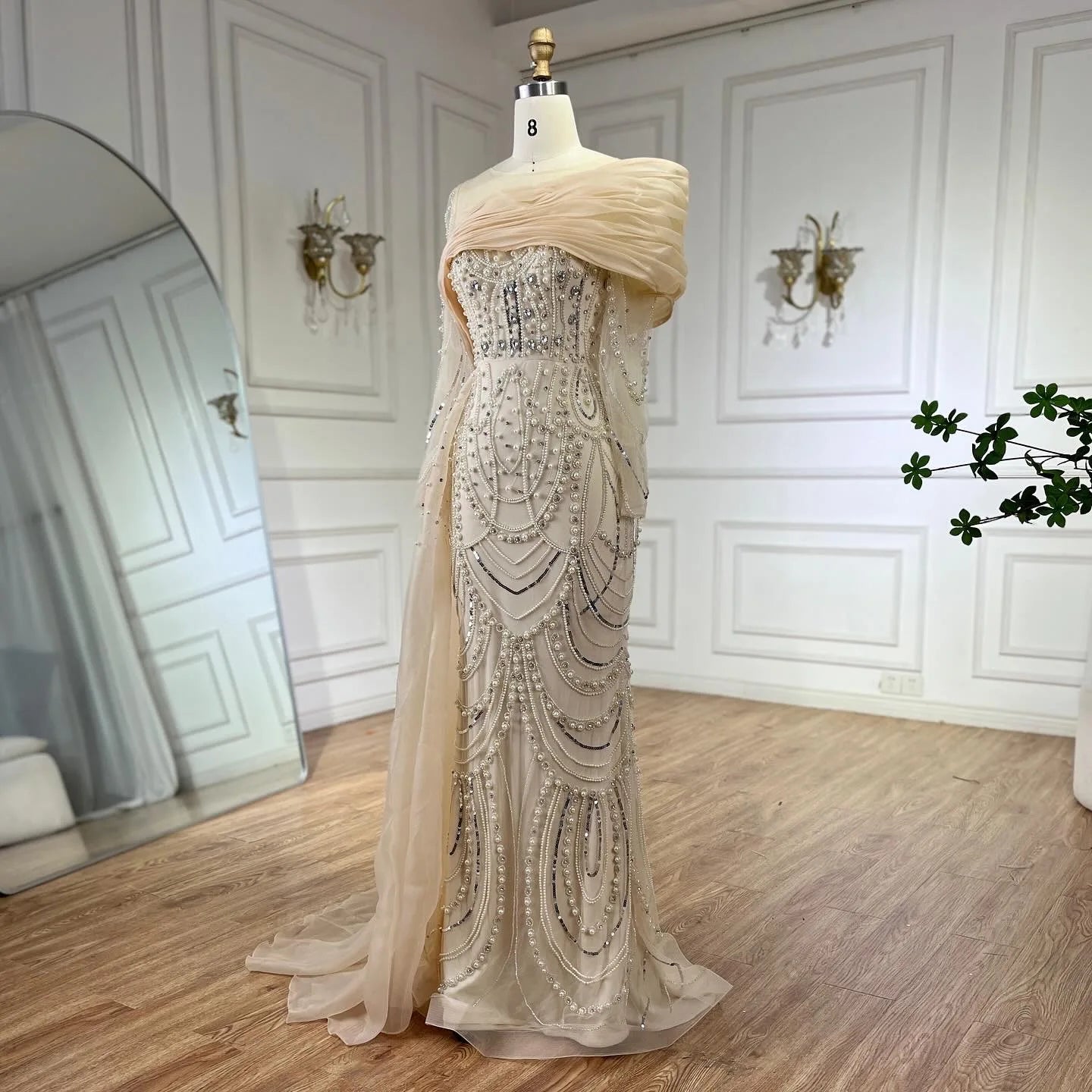 SERENE HILL 2024 Nude Mermaid Luxury Pearls Beaded Evening Dresses Elegant Gowns With Sideskirt Women Wedding Party GLA72348