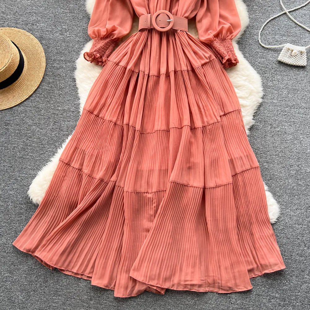Vintage Pleated Slash Neck Off Shoulder High Waist Dress Long Sleeve Dress Chic Summer Beach Vestidos Women Vacation Sundress