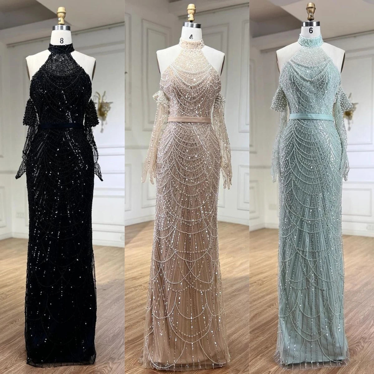 SERENE HILL Dubai Arabic Nude Mermaid With Gloves Luxury Beaded Evening Dresses Gowns 2024 For Women Wedding Party GLA72032A