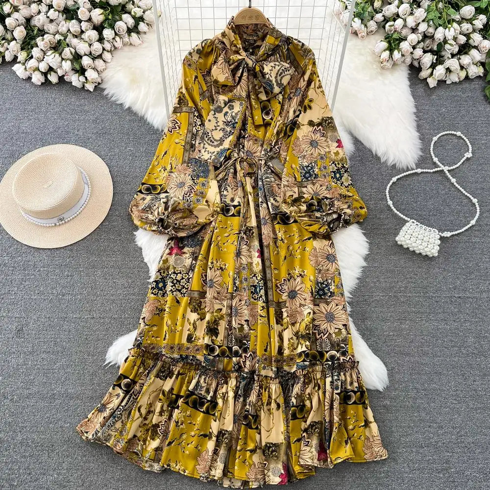 Women Casual A-Line Vintage Floral Long Dress Autumn Elegant Chic Party Boho Maxi Dresses Beach Holiday Female Vestidos New