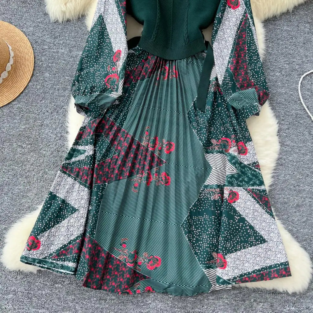 French Vintage Patchwork Print Knitted Dress Elegant and Chic Boho Beach Holiday Dresses A-Line Slim Waist Pleated Vestidos New