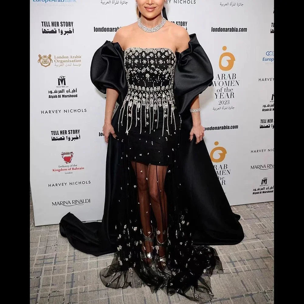 Serene Hill Black Sexy Off the Shoulder Puff Sleeves Evening Dresses Beaded Overskirt Mermaid Party Gown For Women 2023 BLA72002