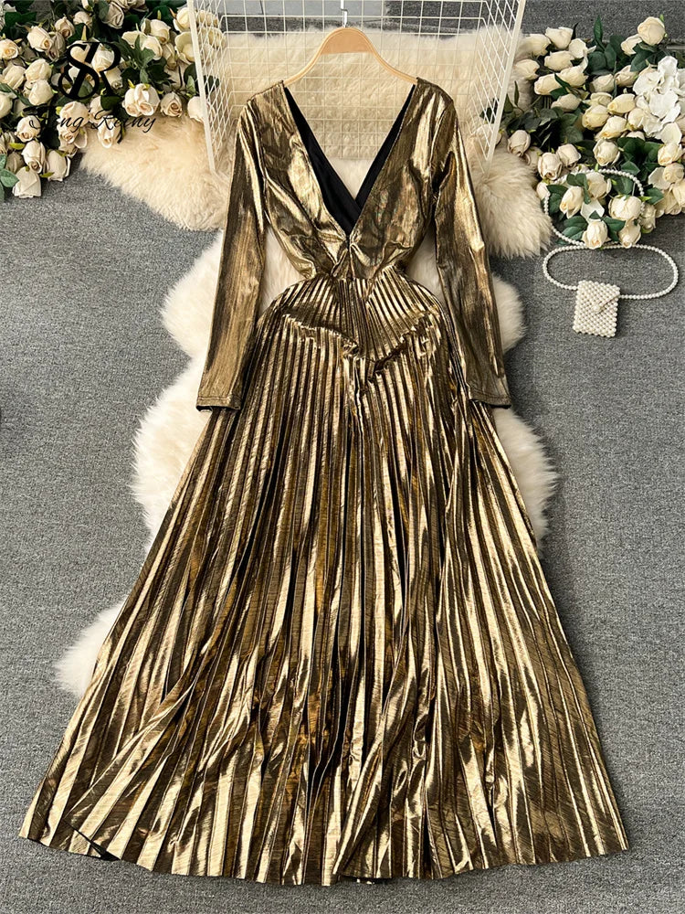SINGREINY High Quality Spring Party Long Dress V Neck Long Sleeves Zipper Design A Line Pleated Chic Shiny Backless Dress