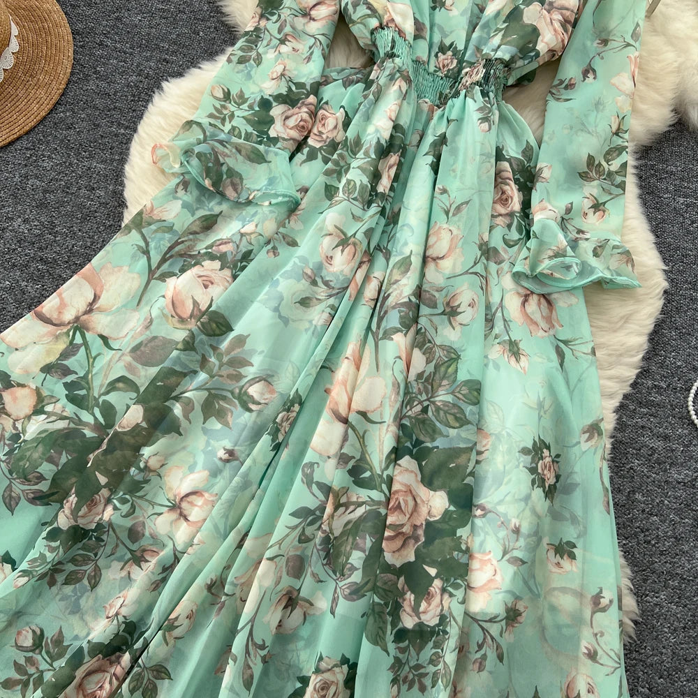 Women Elegant Floral Print Dress for Women Vintage V-Neck Long Sleeves Chiffon Slim A-Line Vestidos Mujer Autumn Female Clothes