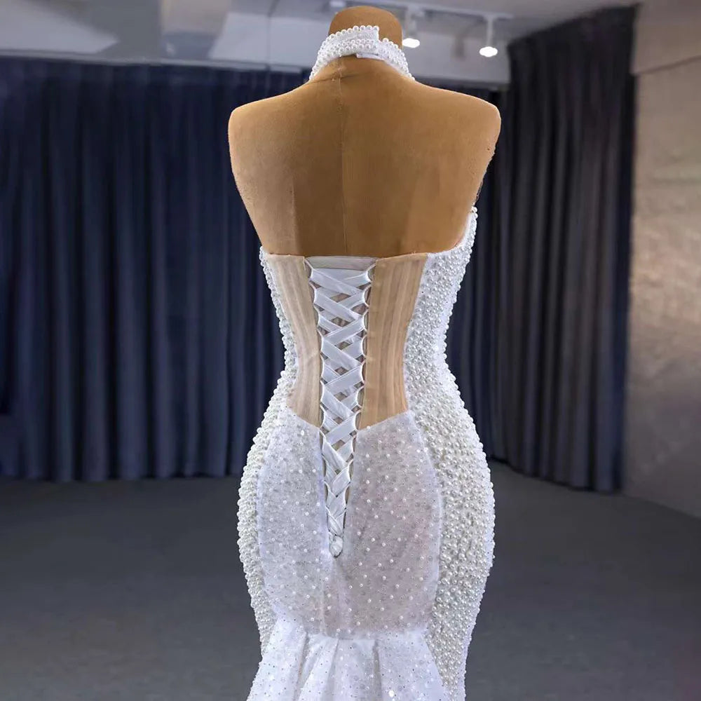 Serene Hill White champagne Mermaid Lace Up Luxury Pearls Beaded Bride Gowns Wedding Dress 2024 High End Custom Made HM231033