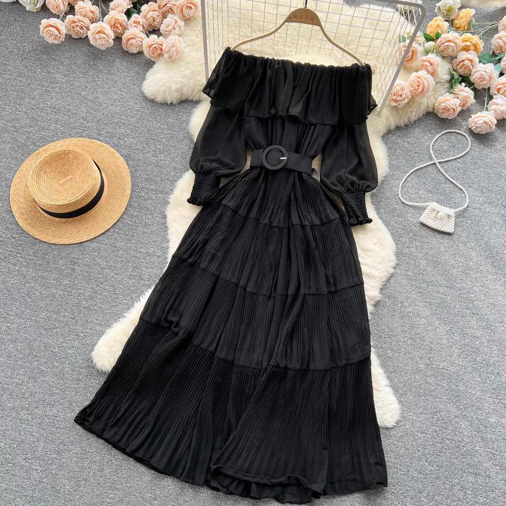 Vintage Pleated Slash Neck Off Shoulder High Waist Dress Long Sleeve Dress Chic Summer Beach Vestidos Women Vacation Sundress