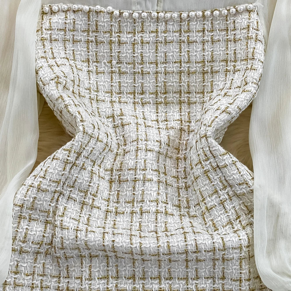 Autumn Fashion New Women Tweed Plaid Mini Dress Elegant Chiffon Patchwork Long Sleeve Dresses Female Casual One Piece Clothes