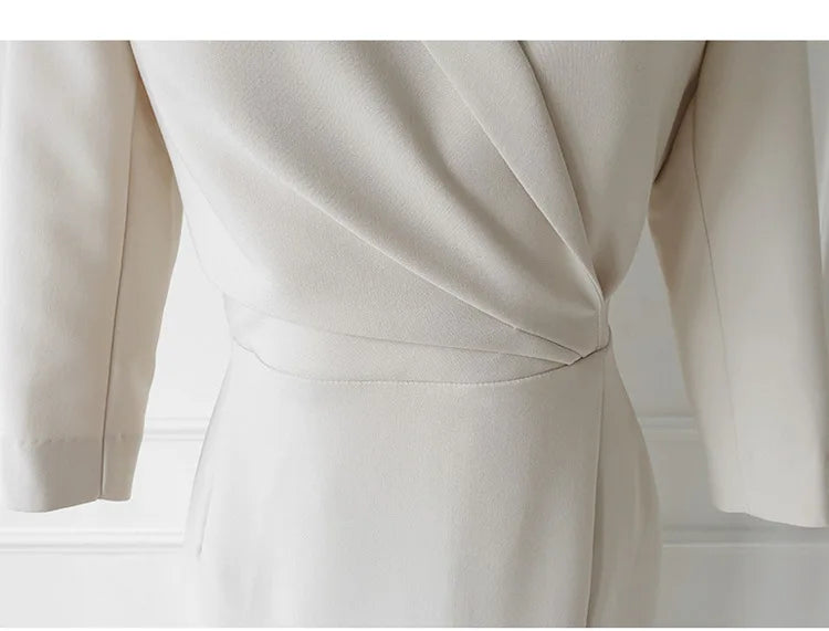 Commuting Style V-neck Mid length One Step Dress with Belt Autumn New Office Women's Slim Fit Waist Closing Beige Split Dresses