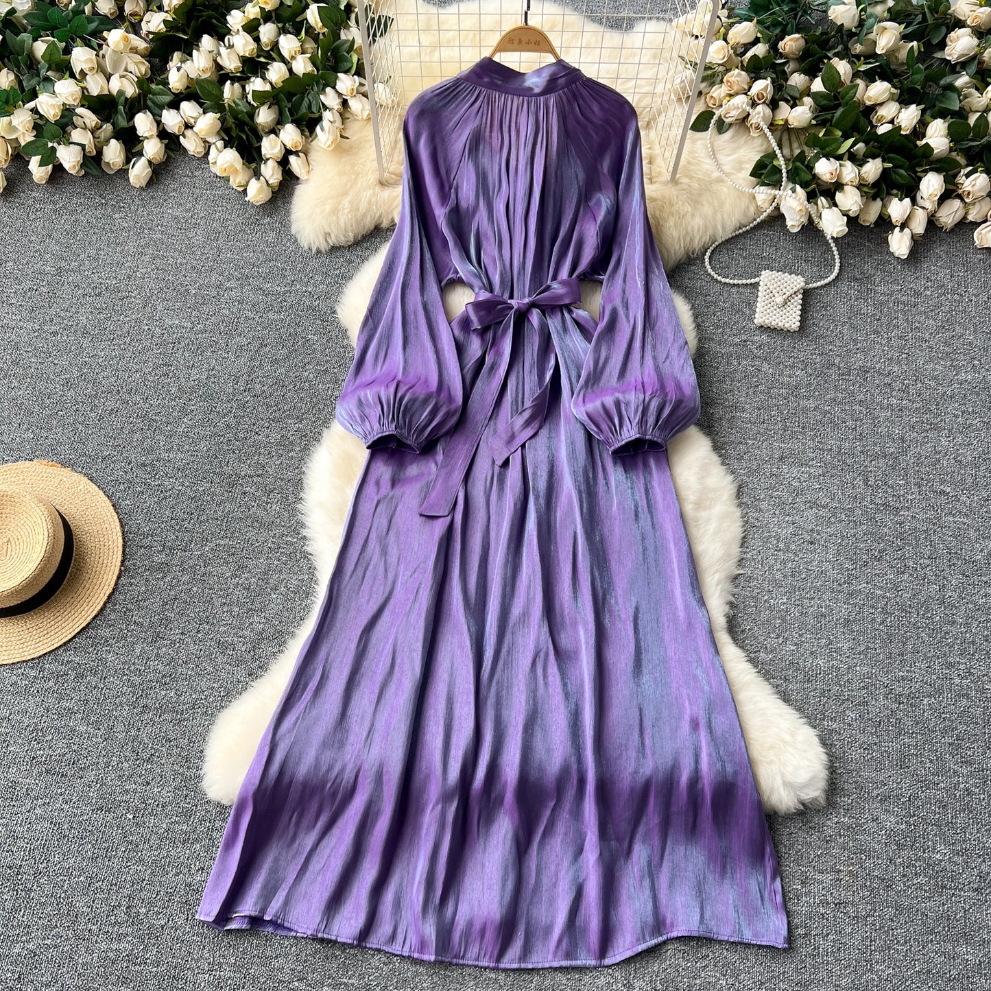 French Vintage Pleated lool sleeve print Lace-up Bow sweet Dress Casual Women Fashion summer dresses