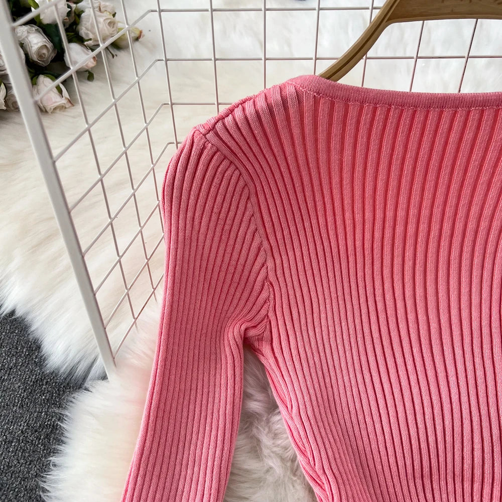 Women Chic Elegant Long Sleeve Bodycon Vneck Dress Sexy French Fashion Knit Wrap Vestidos Elastic Slim Pencil Sweater Dress