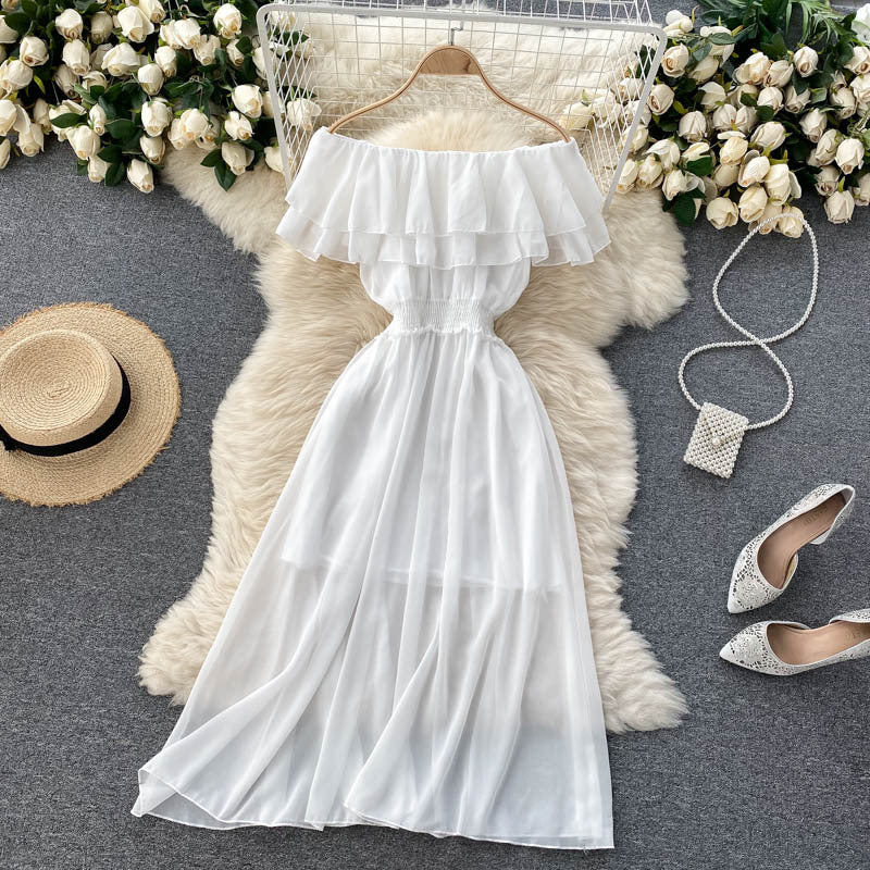 Women Chiffon Beach Dress Sexy Double Layer Ruffled Off The Shoulder Boho Dresses Ladies Sweet Slash Neck Long Dress