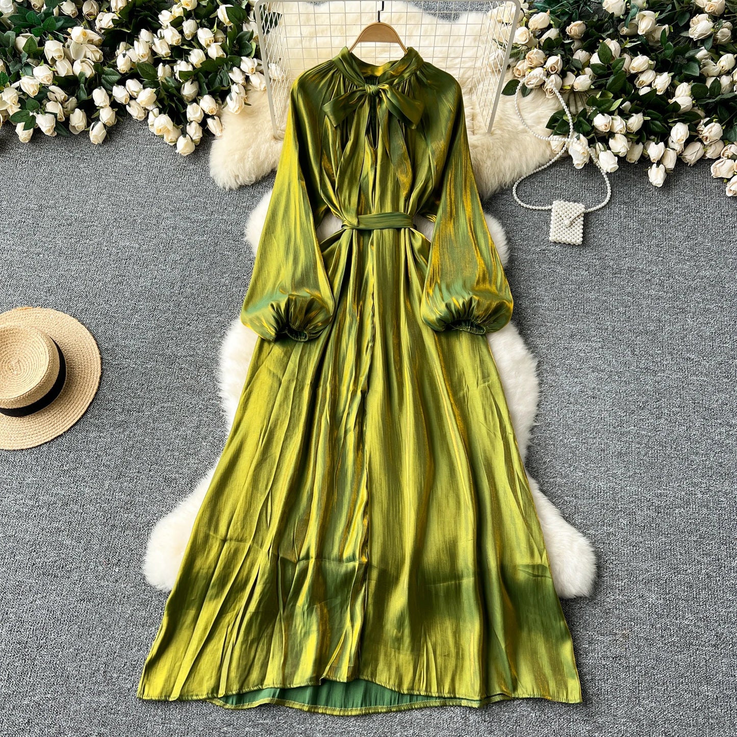 French Vintage Pleated lool sleeve print Lace-up Bow sweet Dress Casual Women Fashion summer dresses