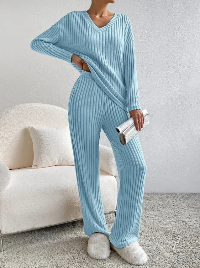Pit striped Knitted Two Piece Set for Women Spring Solid Casual 2-piece V-neck Pullover Sweater+Straight Leg Pants Trendy Female