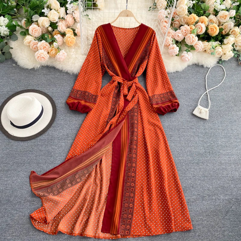 Vintage Print Elegant Puff Sleeve One Piece Dress A-line Lace-up Beach Vacation Midi Dress Women Fashion Spring Autumn Vestidos