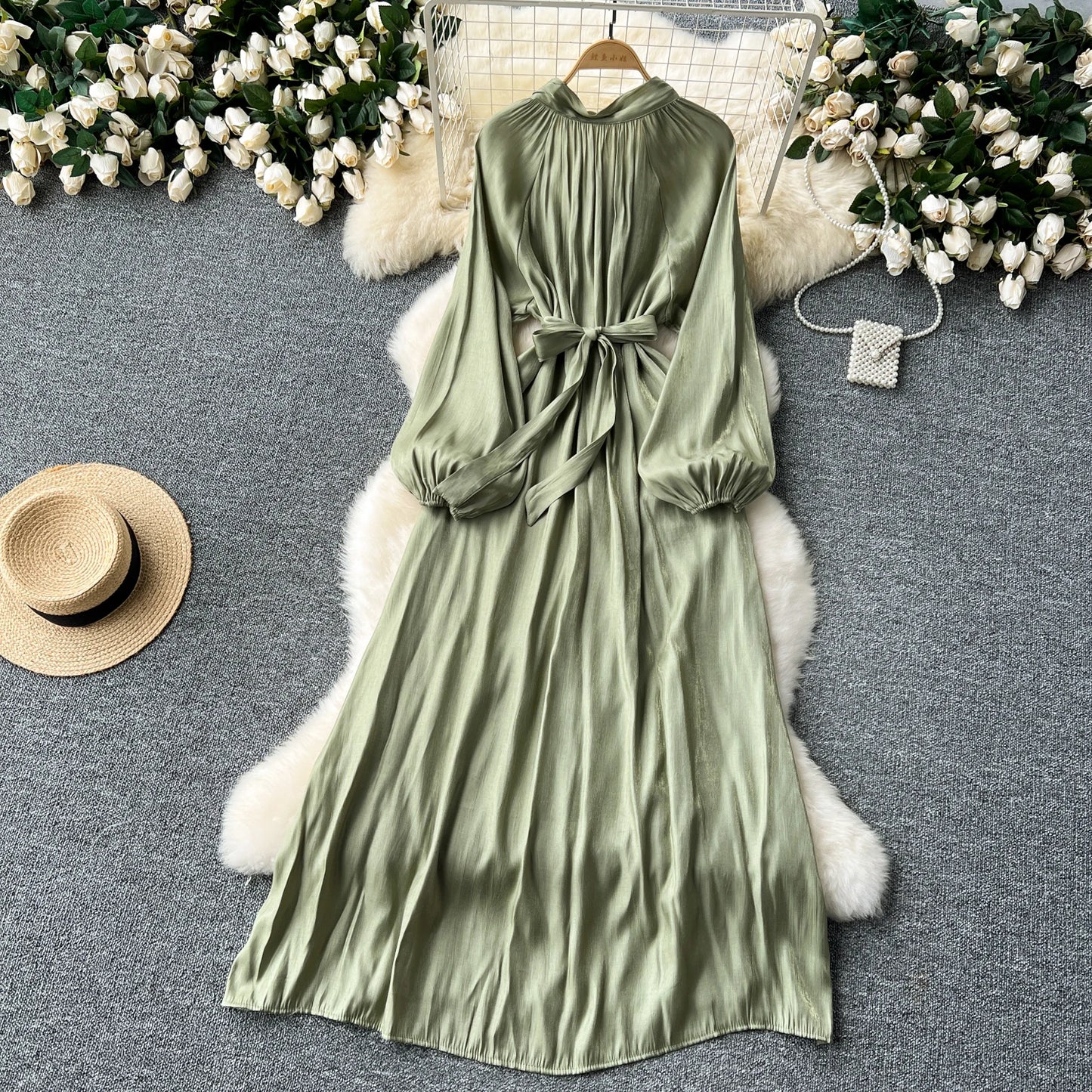 French Vintage Pleated lool sleeve print Lace-up Bow sweet Dress Casual Women Fashion summer dresses