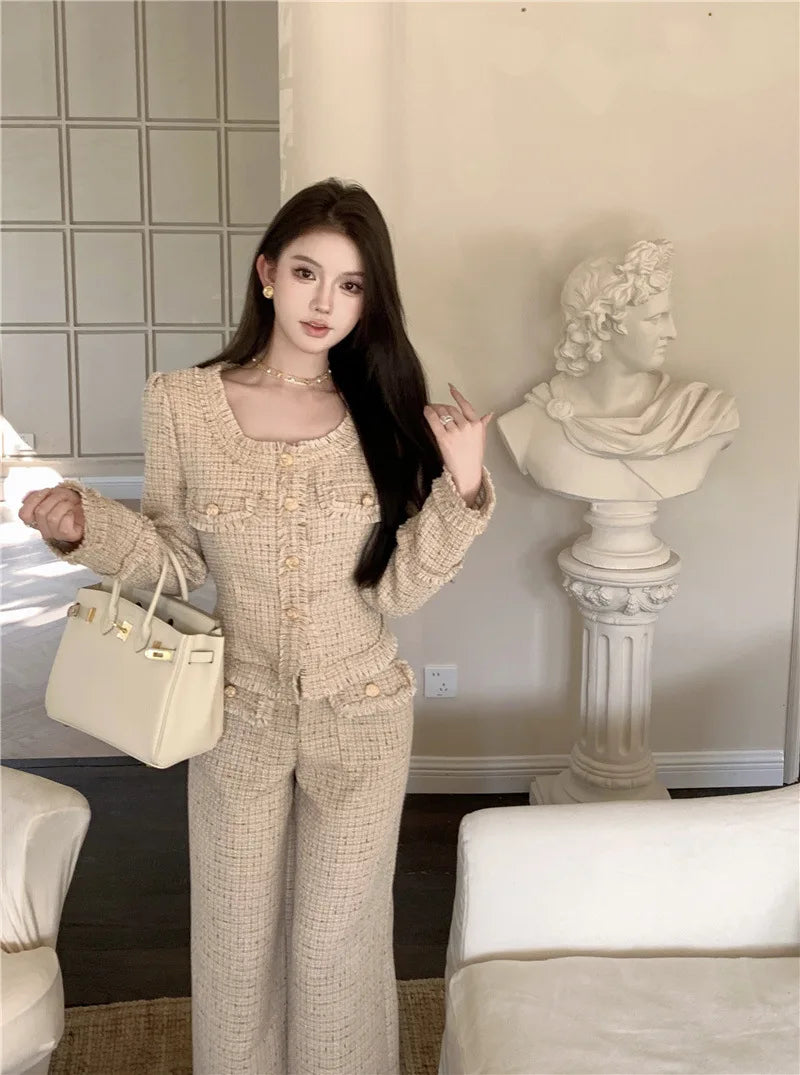 Women's Luxury Slim Tweed Pants Suits High Waist Long Trousers+Square Collar Cropped Coat Elegant 2 Piece Set Female Outfits