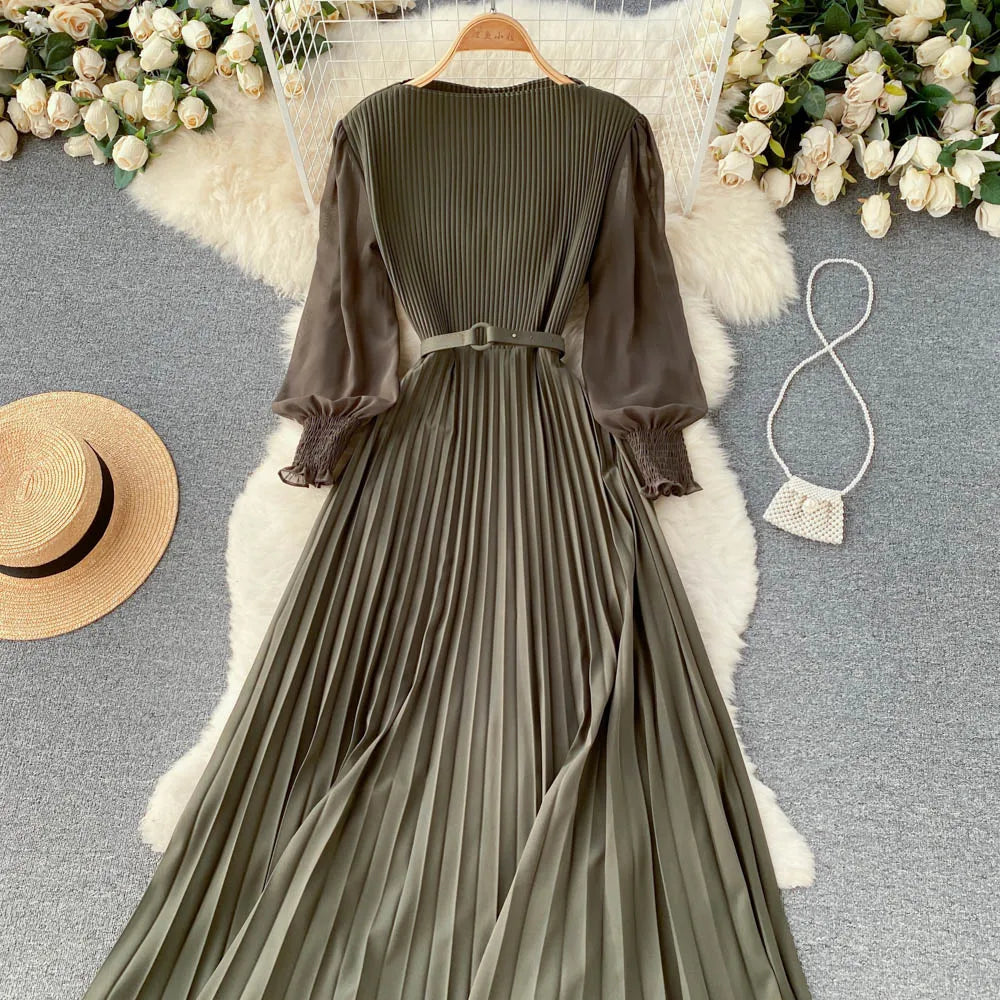 Chic Pleated Elegant Puff Sleeve Dress A-line Chiffon High Waist Belt Beach Vacation Party Dress Women Summer Spring Vestidos