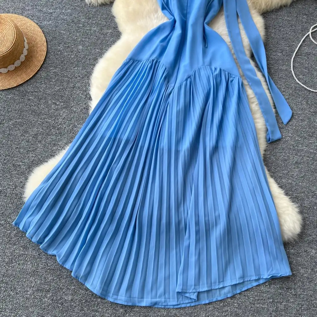Summer Elegant Casual Women Solid Dress Halter A-Line Beach Holiday Party Long Robe Female Spaghetti Strap Boho Clothes Vestidos