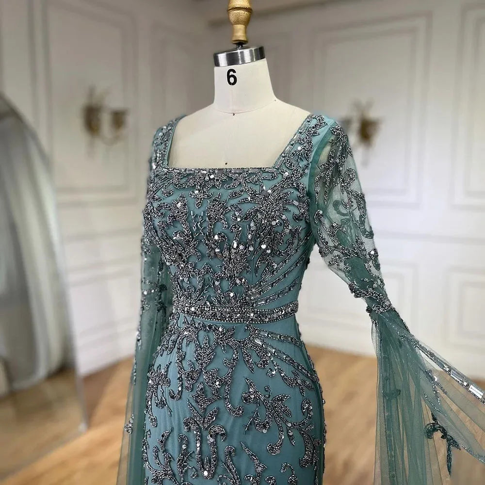 Serene Hill 2024 turquoise with Beaded Cape Sleeves Design Mermaid Long Evening Dresses Gowns for Women's Wedding Party BLA72400