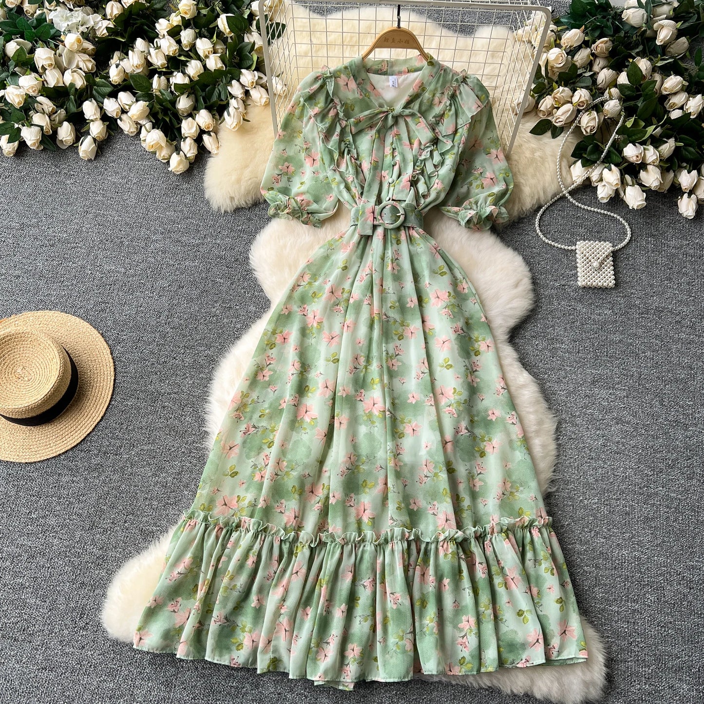 French Vintage Ruffle print chiffon Bandage Bow Puff Sleeves short Sleeves Dress Casual Women Fashion summer dresses